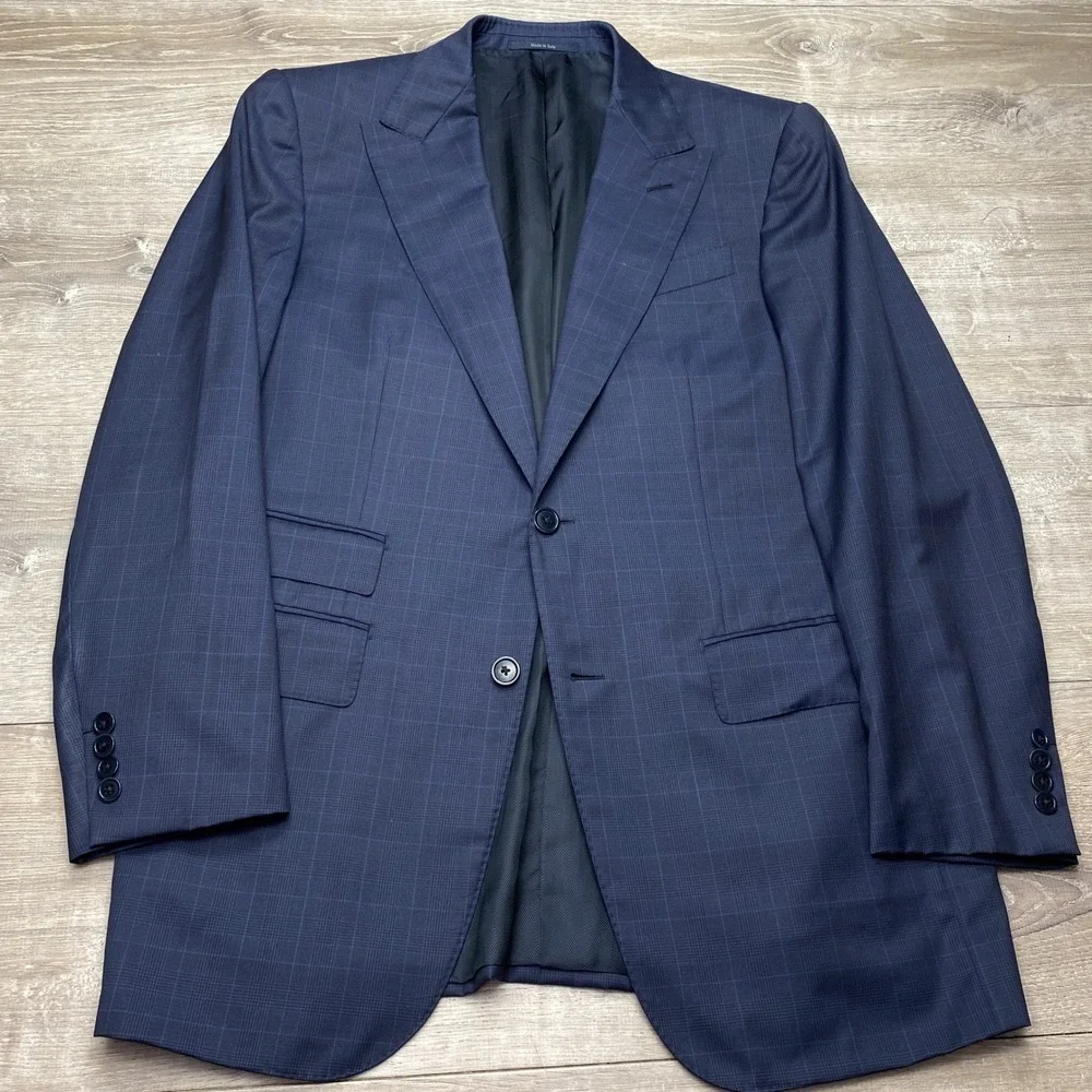 Ermenegildo Zegna Blazer Manhattan Mens 50R Peak Blue Wool Plaid Multiseason